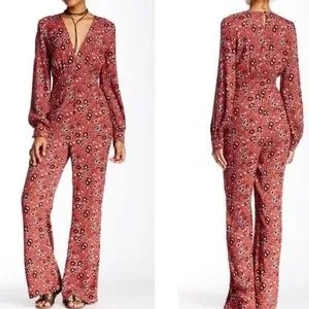 Women’s Free People Rust Floral Print Long Sleeve Jumpsuit Size 2
