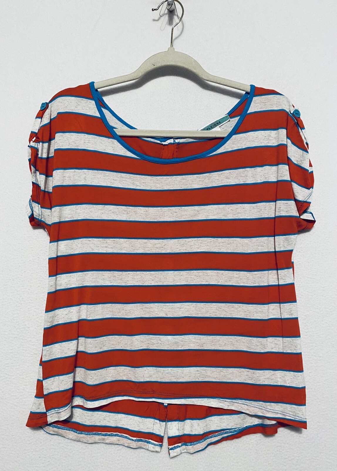 Pleione Top Womens Large Orange Striped Scoop Neck Button Back Knit Boho