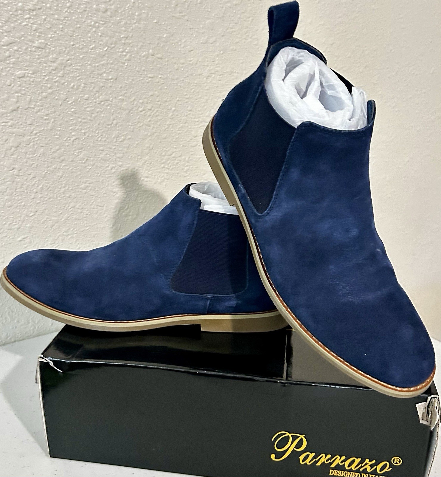 Parrazo Men’s Navy Suede Chelsea Ankle Boots Slip-On Round Toe US 11