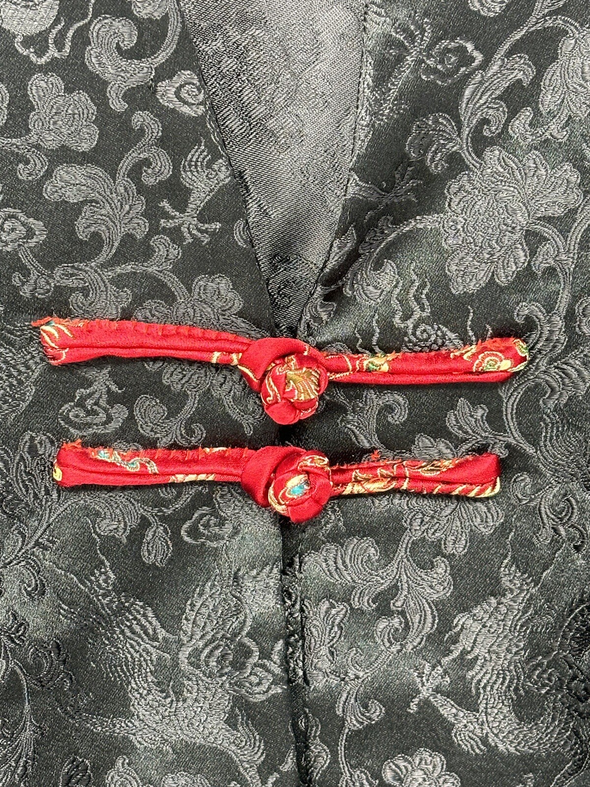 Asian Women’s Kimono Style Blazer Jacket Top Black and Red Trim Satin Size Small