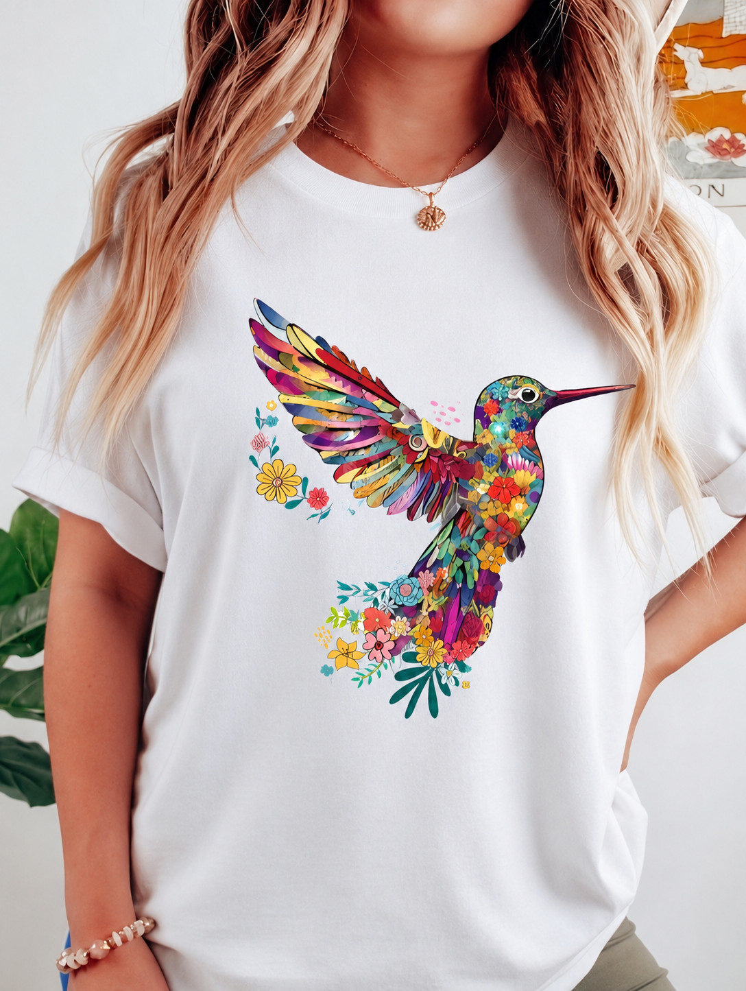 Women’s Hummingbird Floral Graphic Tee Colorful Flower Bird Shirt