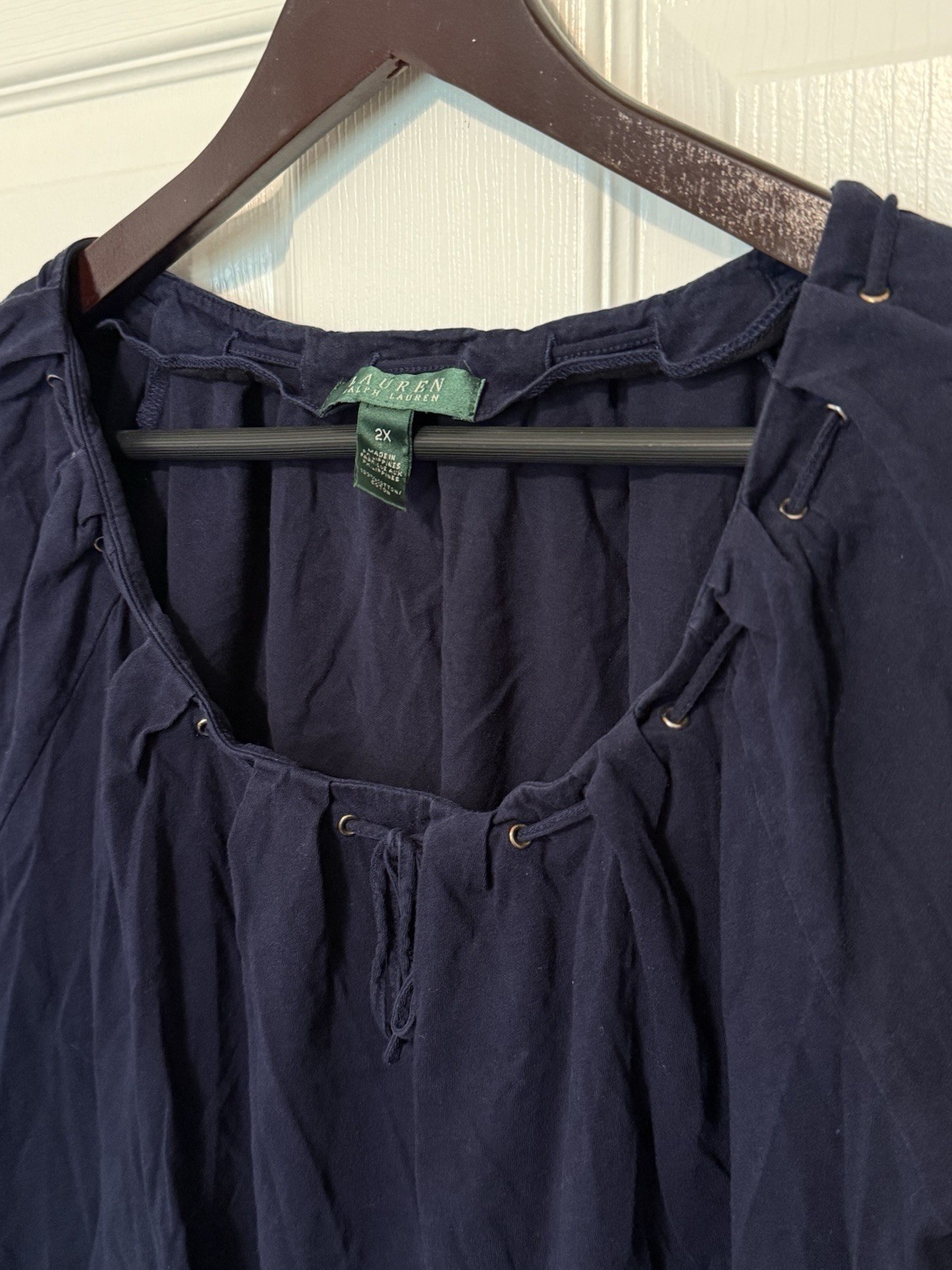 Lauren Ralph Lauren Navy Scoop Neck Short Sleeve Blouse 2X Drawstring Grommet