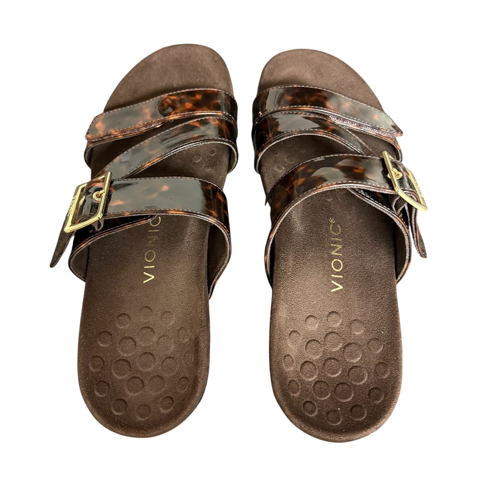 Vionic Skylar Tortoise Shell Patent Adjustable Slide Sandals Brown Gold Buckle