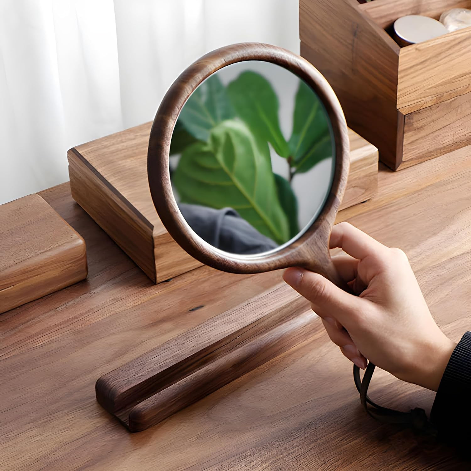 Handheld Mirror with Base, Wood Barber Hairdressing Handheld Mirror, Makeup Hand