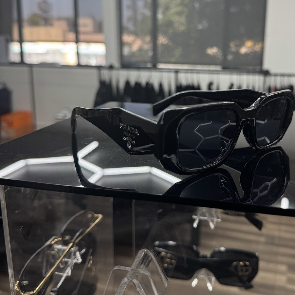 PRADA Rectangle Sunglasses Black Plastic Frame Tinted Black Lenses