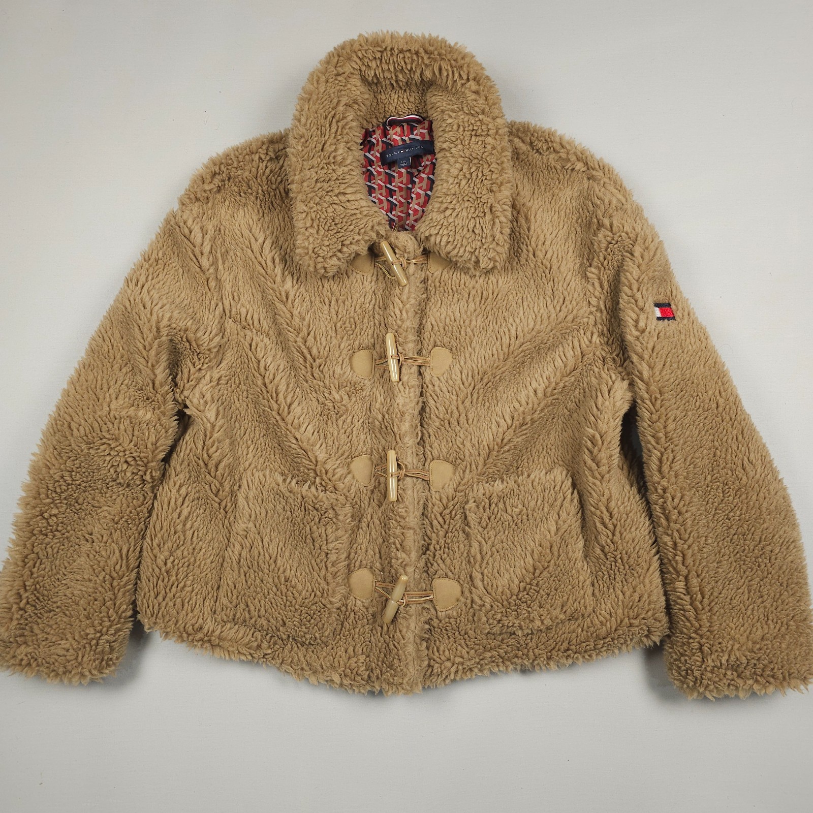 Tommy Hilfiger Faux Fur Jacket Women Large Beige Sherpa Full Zip Toggle Button