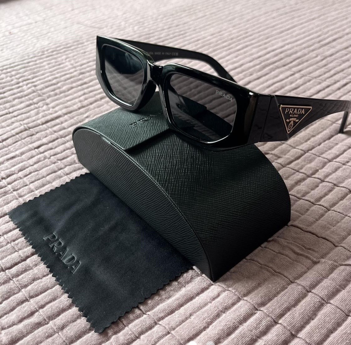 PRADA Women’s Rectangle Sunglasses Black Plastic Frame Gray Tinted Lenses