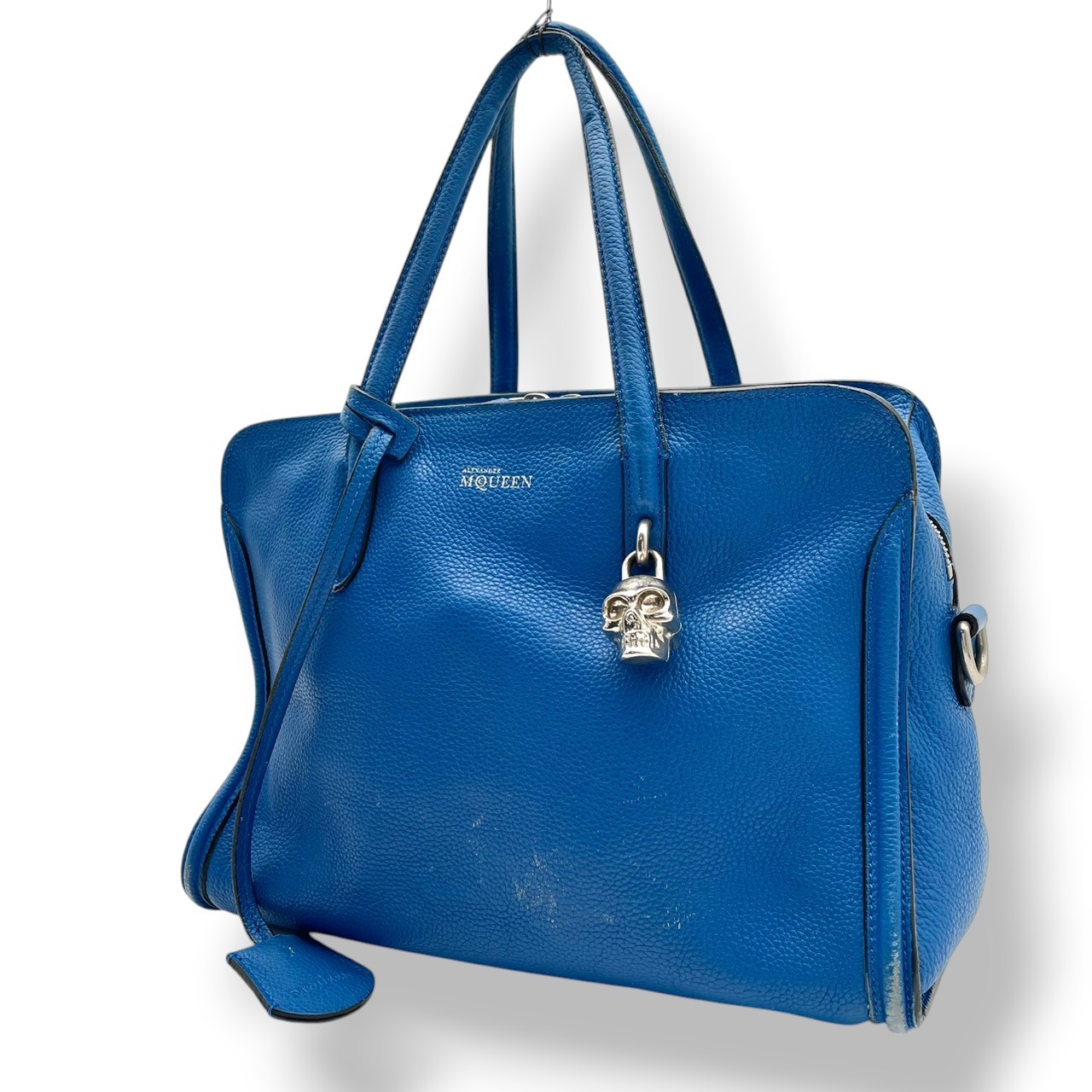 Authentic Alexander McQueen Padlock Zip-Around Tote Bag Blue Leather Elegant