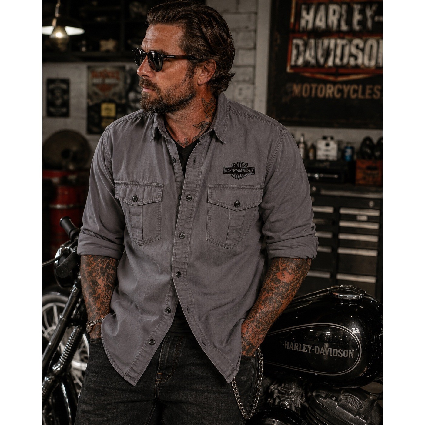 Harley-Davidson Retro Grunge Biker Work Shirt Grey Streetwear Edgy Indie Sz L