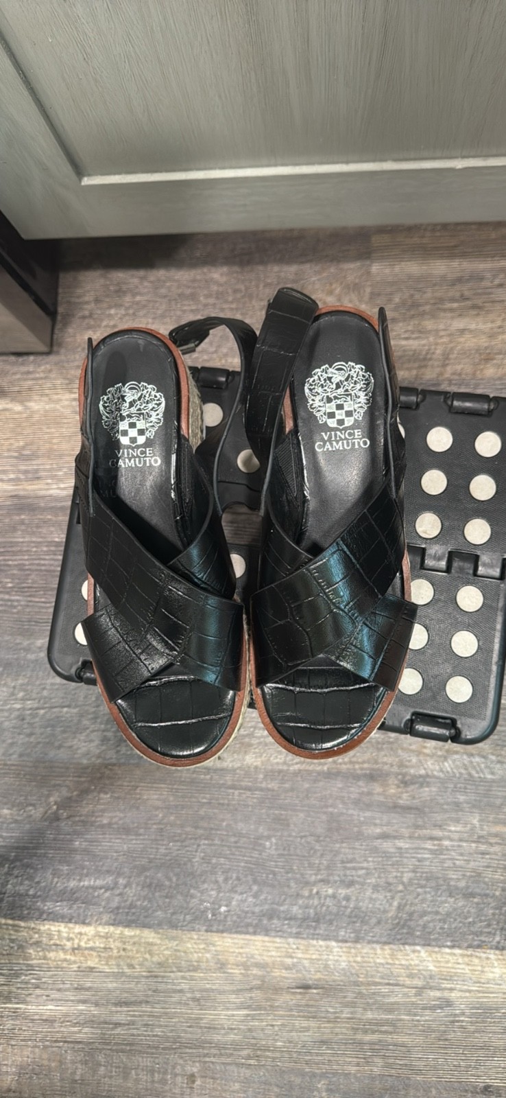 Vince Camuto Black Croc Leather Espadrille Platform Sandals Marietten 7M /37