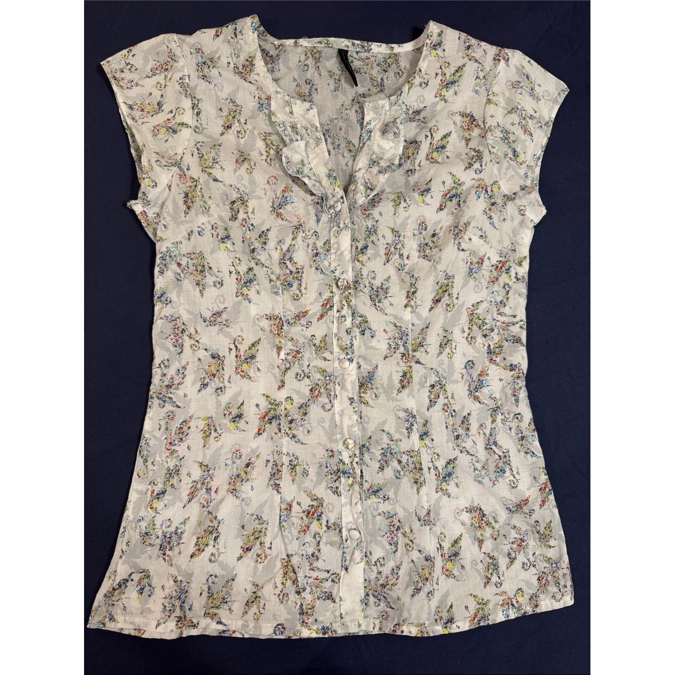 NAF NAF White Multicolor Floral Button-Down Blouse- Beach, Vacation, Summer