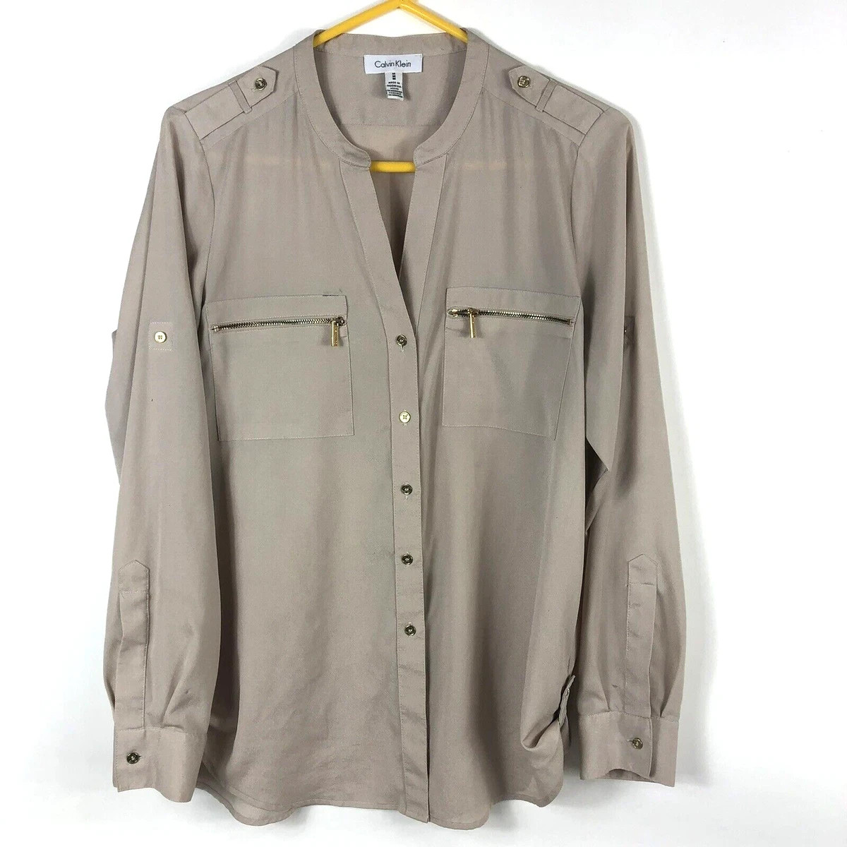 Women’s Calvin Klein Beige Round Neck Gold Button Gold Zipper Accent Size Medium