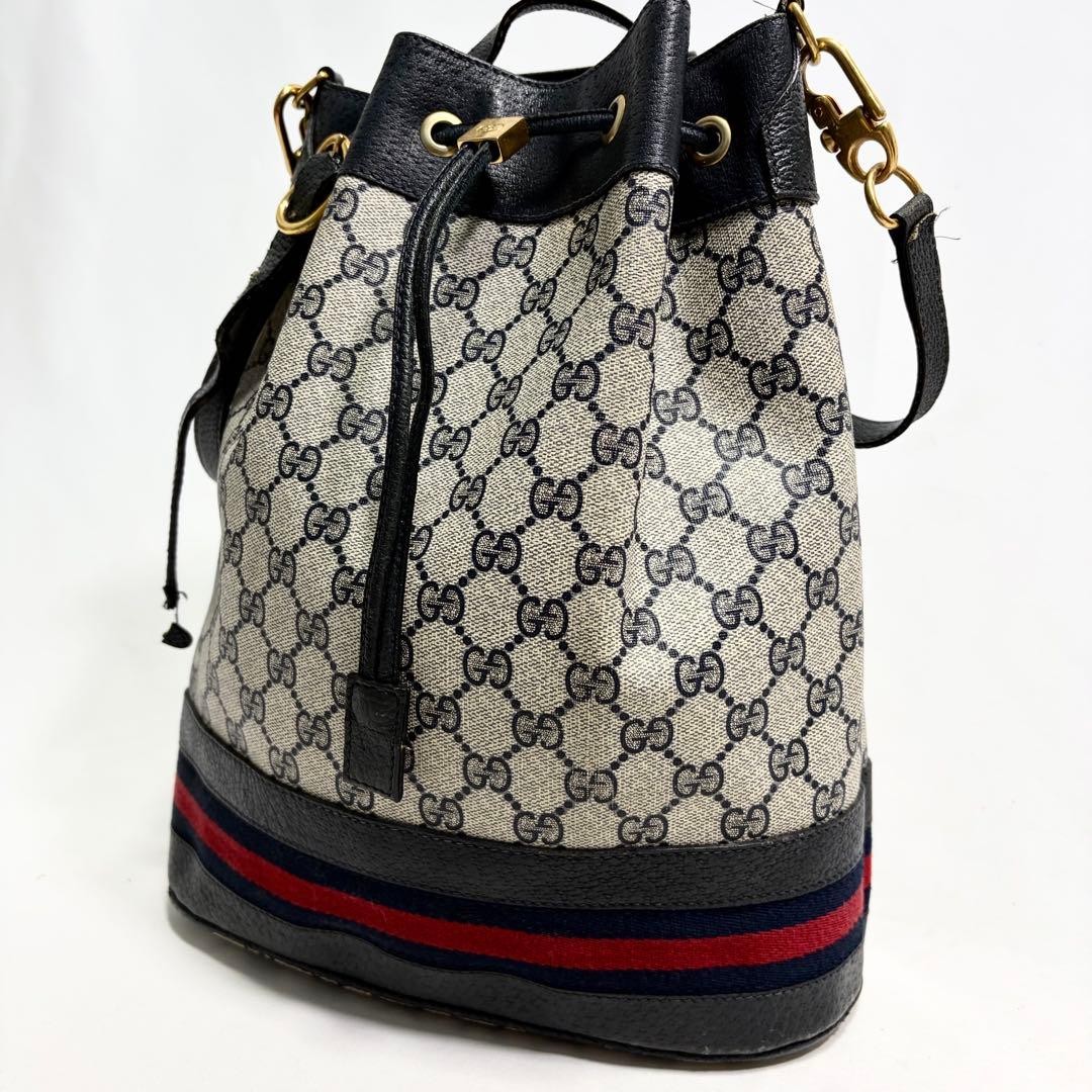 GUCCI GG Supreme Sherry Stripe Bucket Drawstring Shoulder Bag Large Authentic