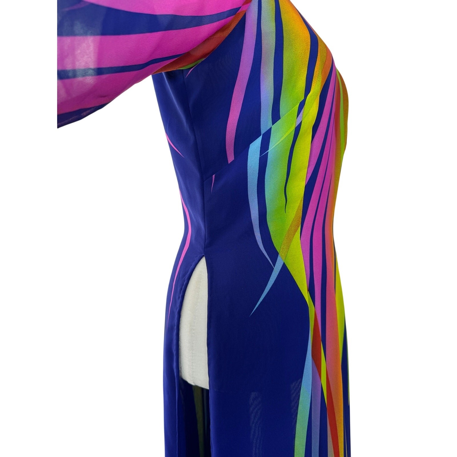 Multicolored Semi-Sheer Long Sleeve Ankle Length Tunic w/ High Side Slits