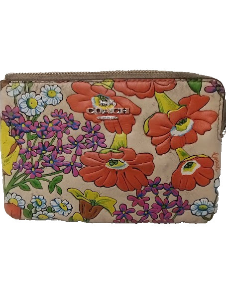 Pre Owned COACH Floral Corner Zip Leather Wristlet Clutch brkn zipper