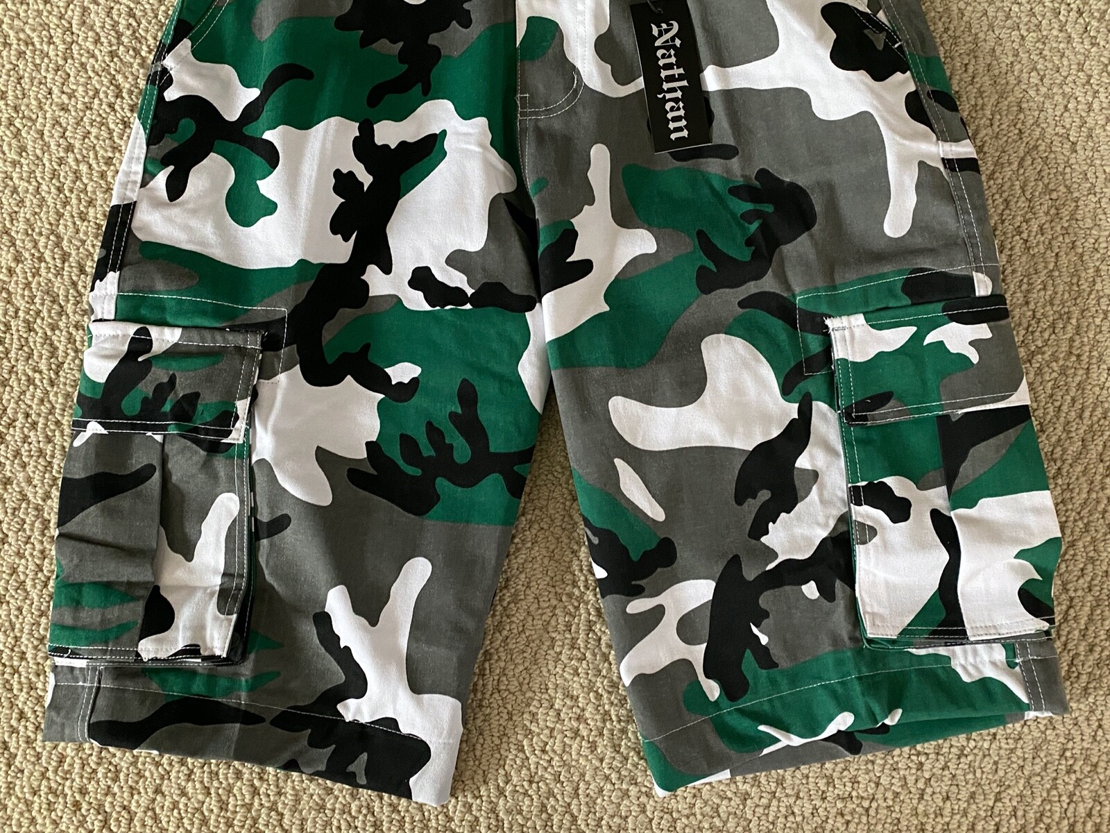 NWT Men’s Nathan Green White Camouflage Camo Belted Cargo Pocket Shorts ALL SIZE