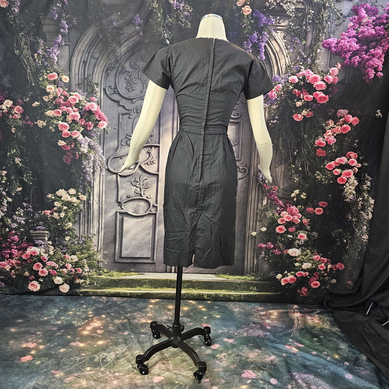 Vintage 1950s Wiggle Dress Fitted Black Polished Cotton Pinup