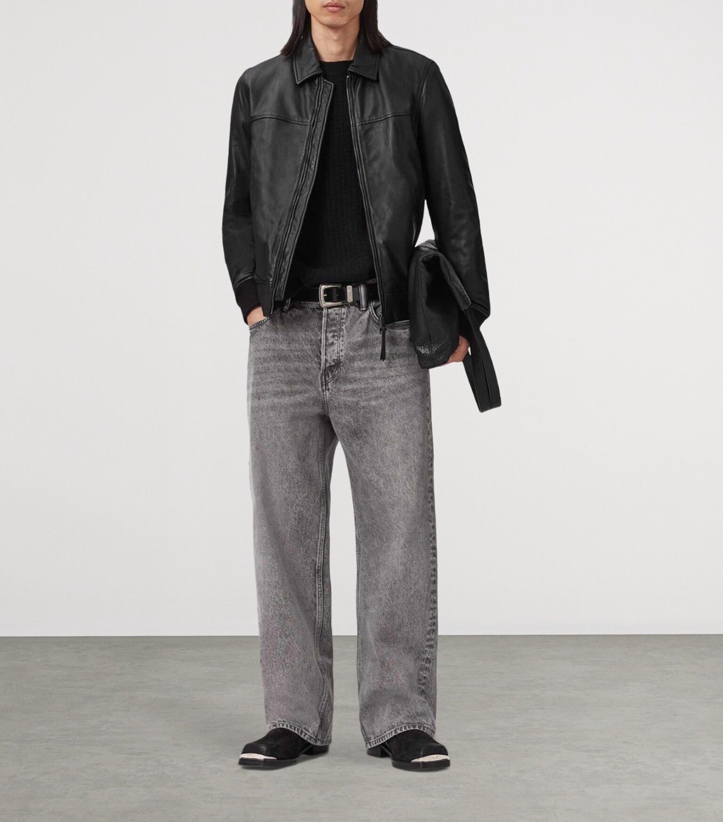 Men’s Black Classic Spread Collar Ribbed Cuff Sheepskin Leather Jacket for Men
