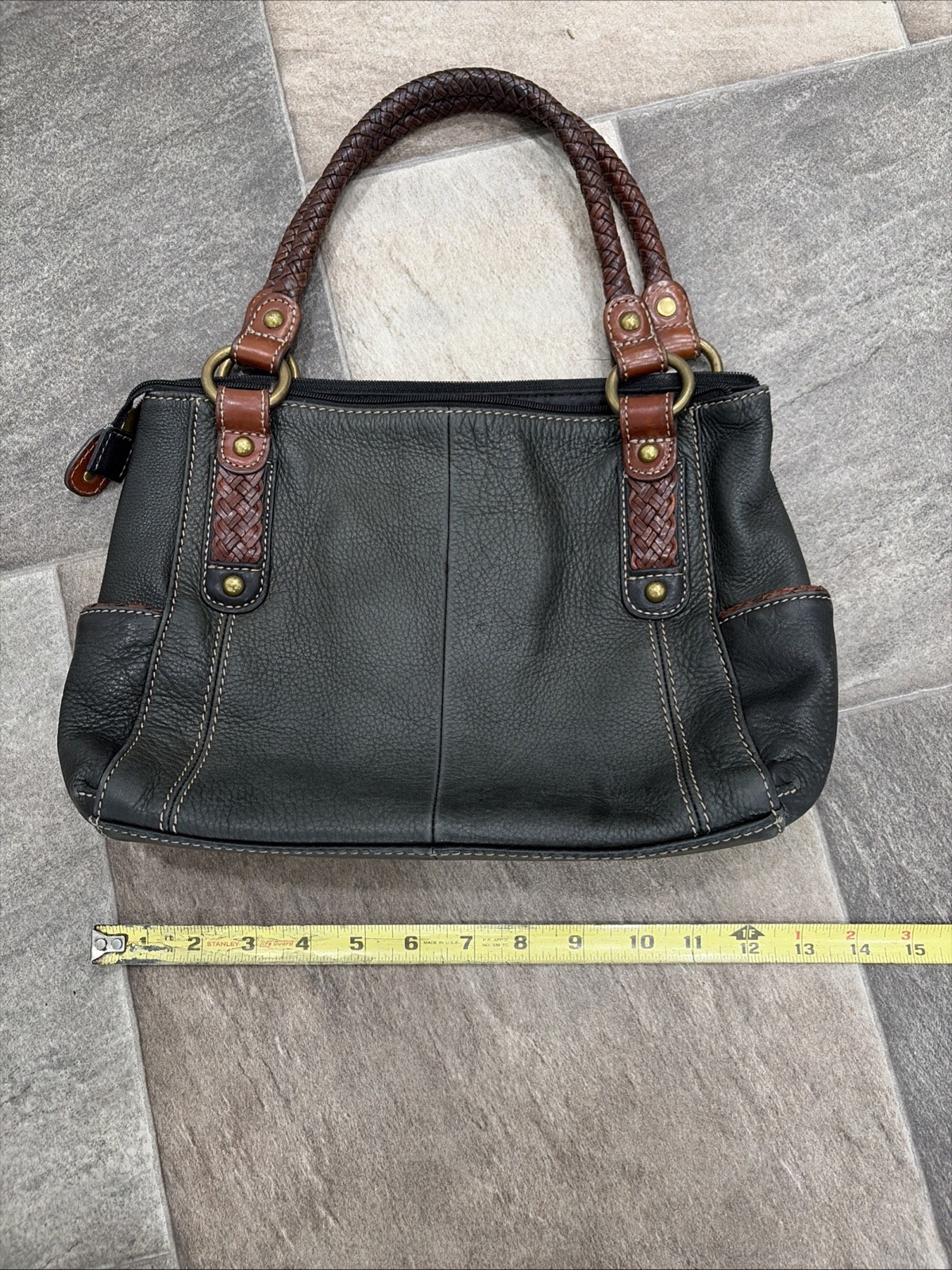Fossil Black Leather Shoulder Bag Purse Brown Straps Gold Hardware