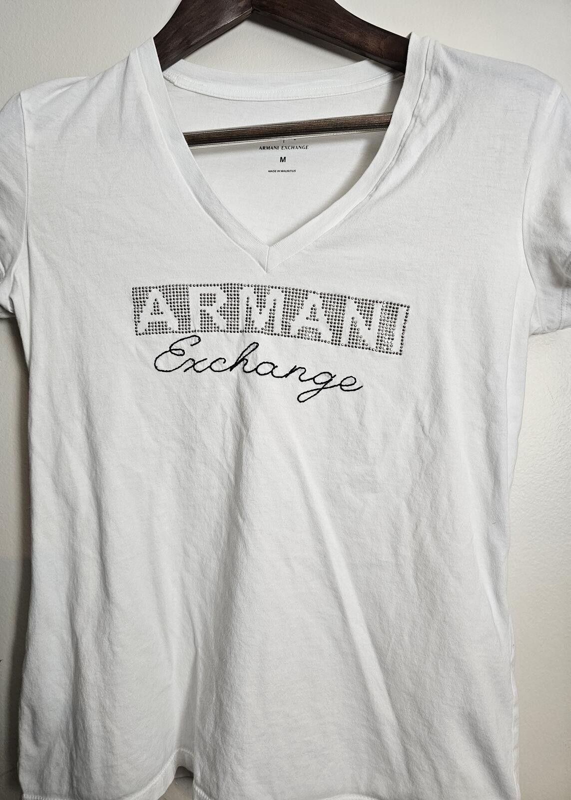 Armani Exchange T-Shirt White Women M Rhinestone Logo