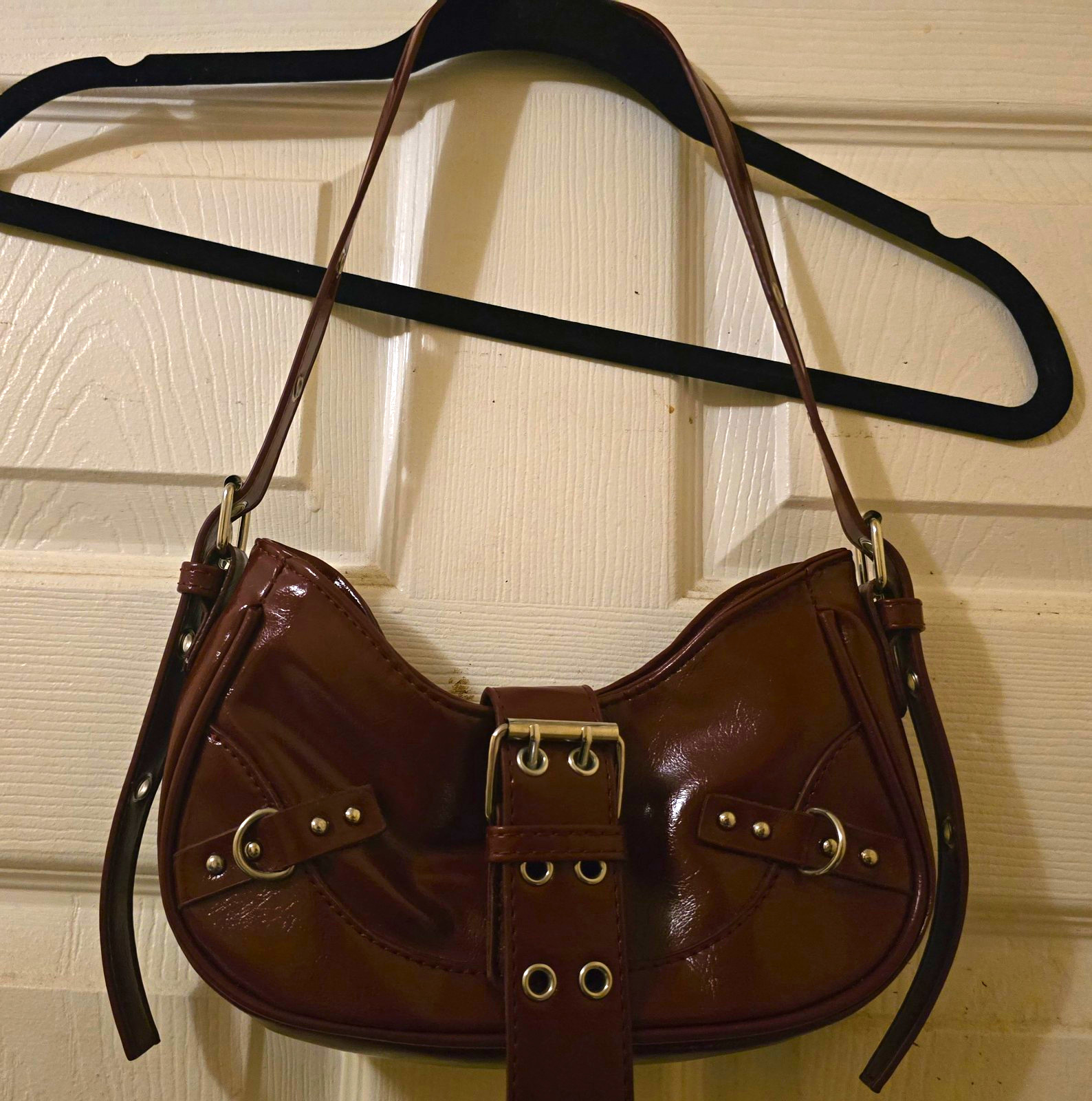 Brown Patent Crescent Shoulder Bag Small Buckle Snap Studded Adjustable Strap