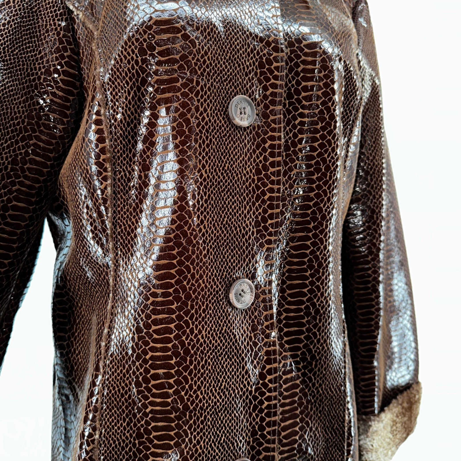 New Dennis Basso Snakeskin Faux Fur Trim Coat Brown Shiny Unique Outerwear M