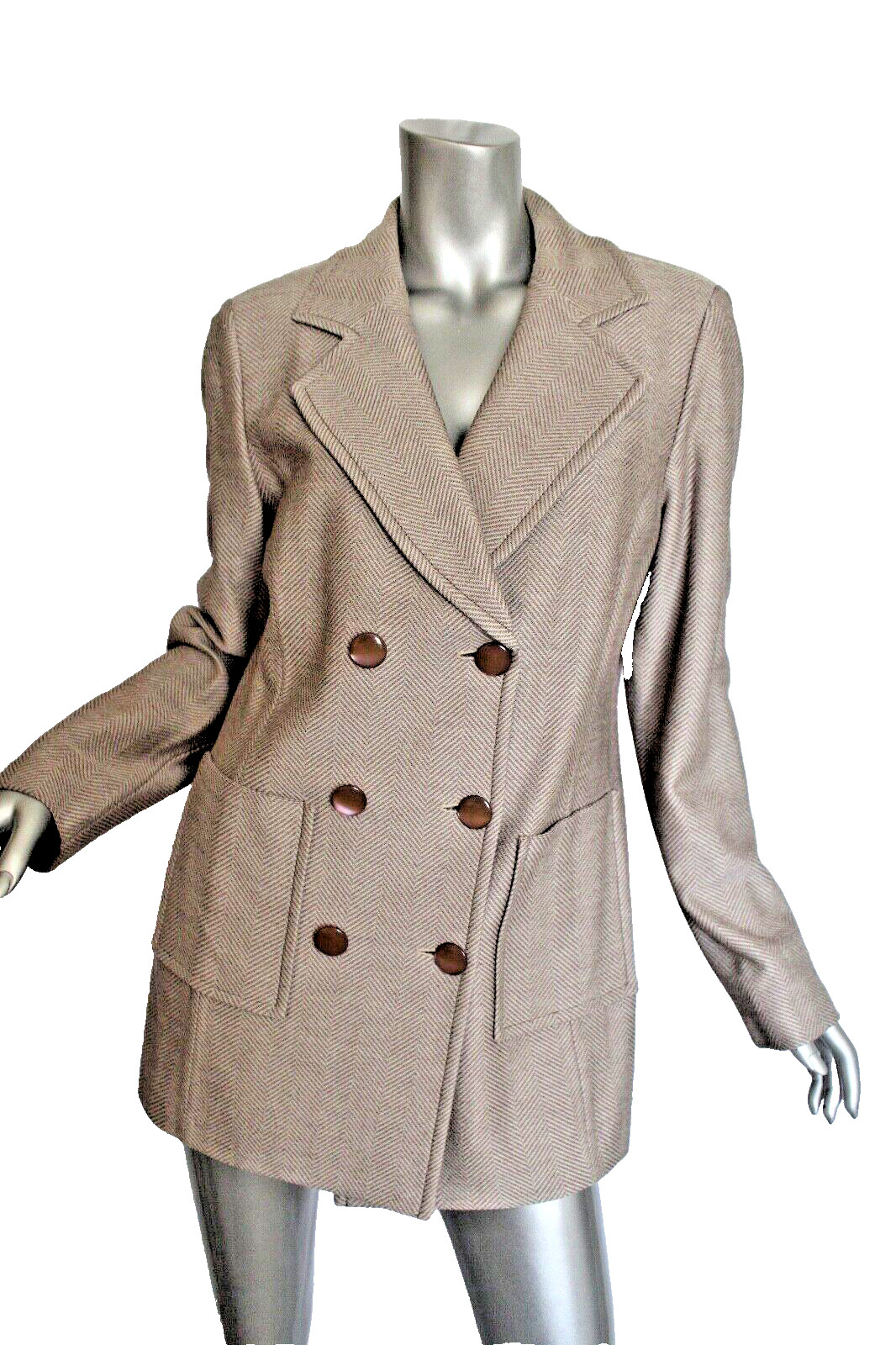 Womans St John Beige White Herrringbone Double Breasted Jacket Size 14