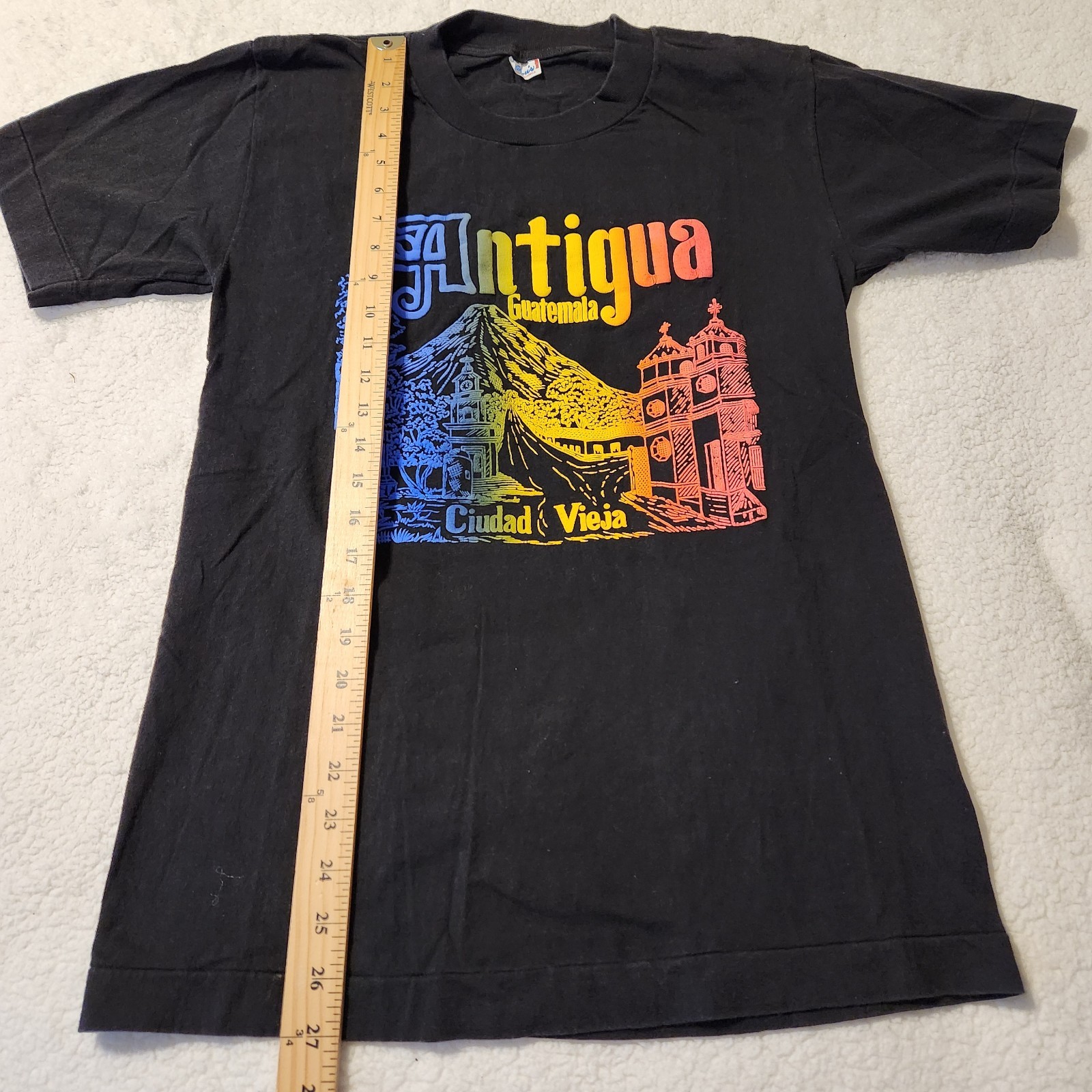 Vtg Single Stitch Antigua Guatemala Colorful Puff Print Graphic Black Tee Size L