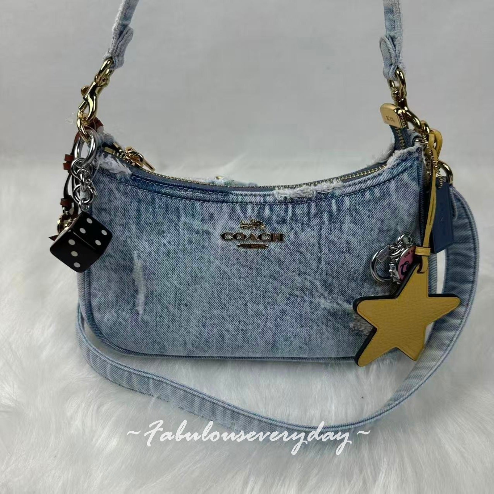 Coach Teri Shoulder Bag In Loved Denim With Charms Gold/Light Indigo CDY76 NWT