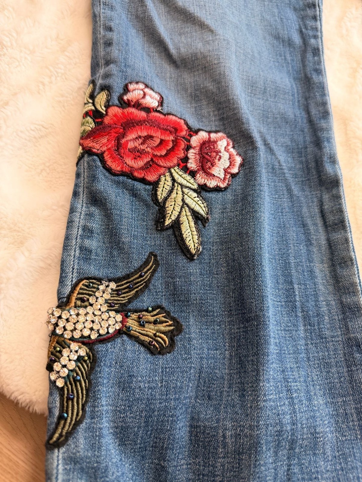 Laurie Felt Classic Embellished Boyfriend Jeans with Floral and Bird Embroidery