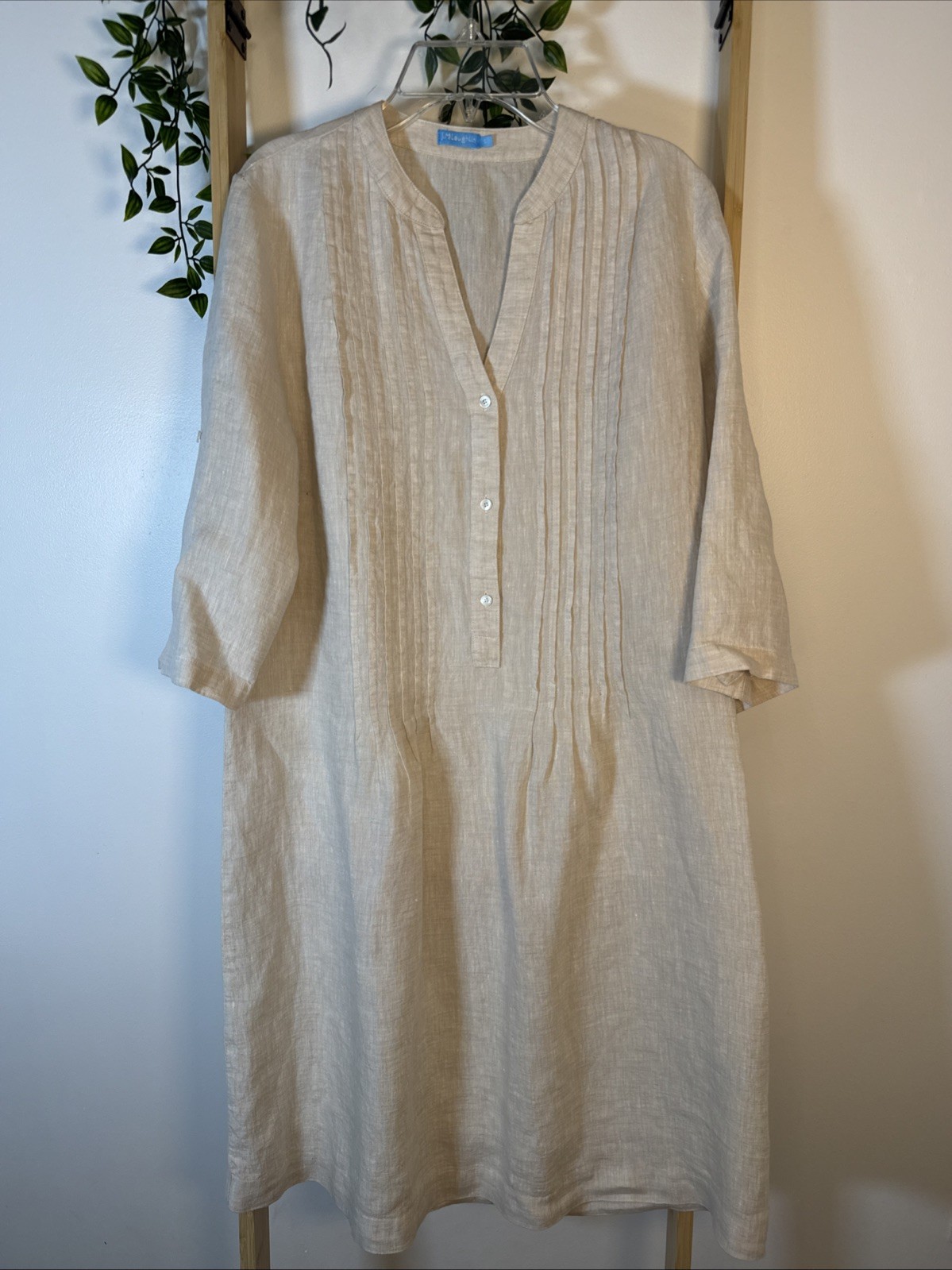 J. McLaughlin Riviera Linen Dress 3/4 Sleeve Pintuck Button Front Beige Tan Sz S