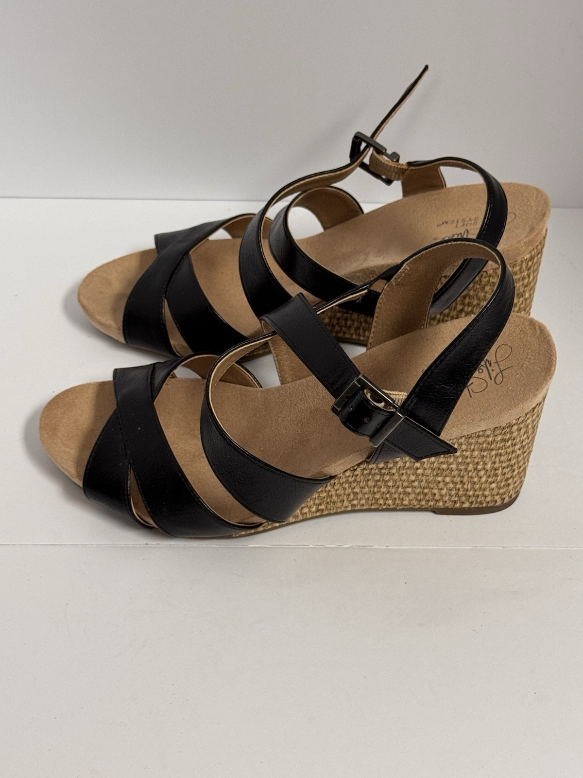 Life Strides Black Open-Toe Wedge Shoes, Size 8.5, with Ankle Strap