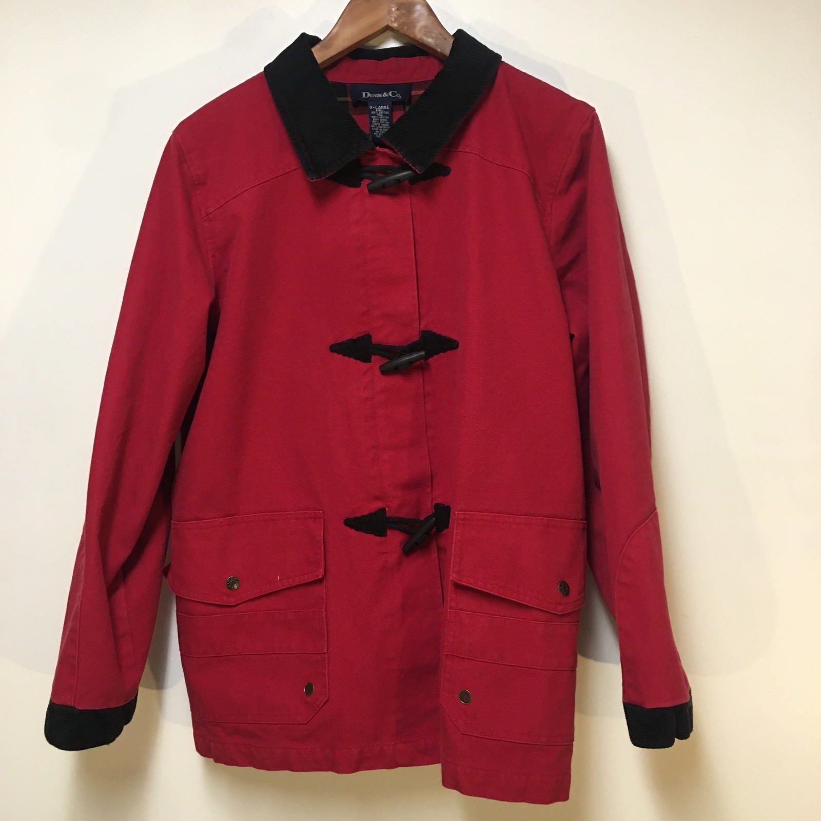 Denim & Co Barn Jacket Women XL Red Plaid Lined Corduroy Trim Toggle Coat