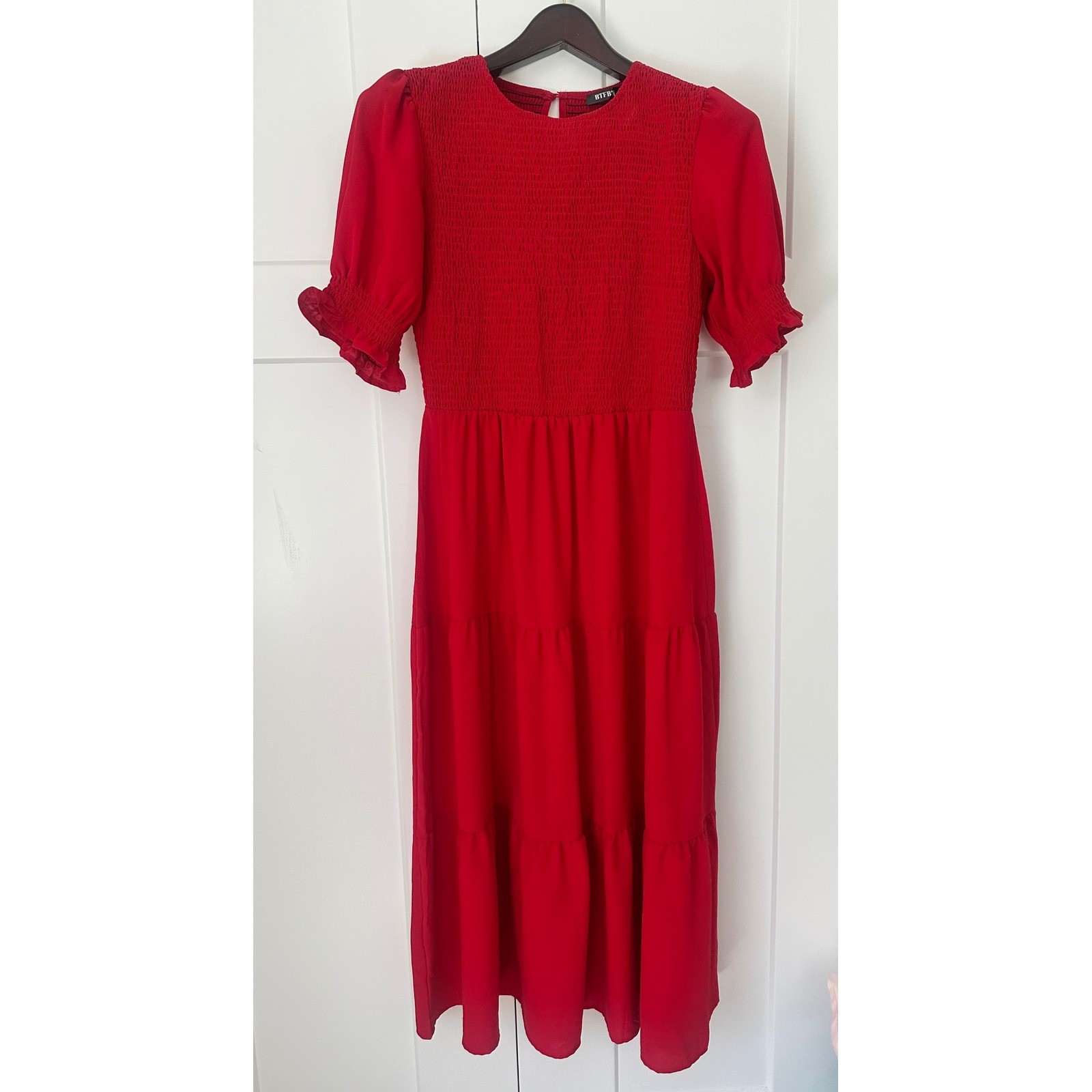 BTFBM Red Smocked Midi Dress Puff Sleeve Tiered Ruffle Hem Women Large Boho