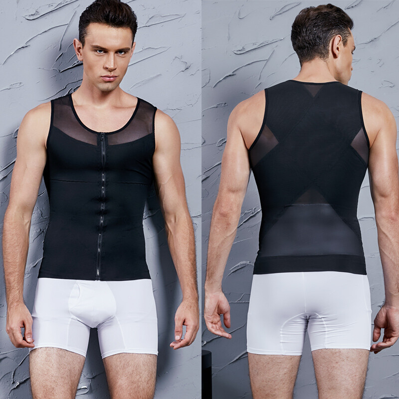 Men Compression Vest Top Body Shaper with Zipper Slimming Shirts Correct Posture