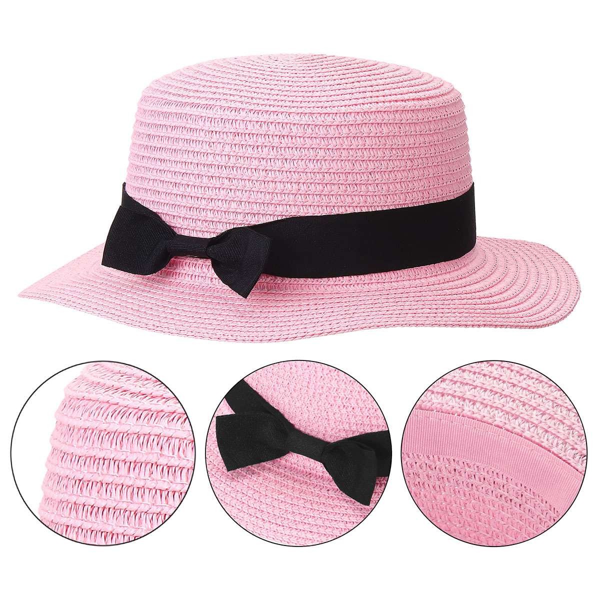 Women Flat Top Straw Boater Wide Brim Sun Hat Black Ribbon Bow Summer Beach Cap
