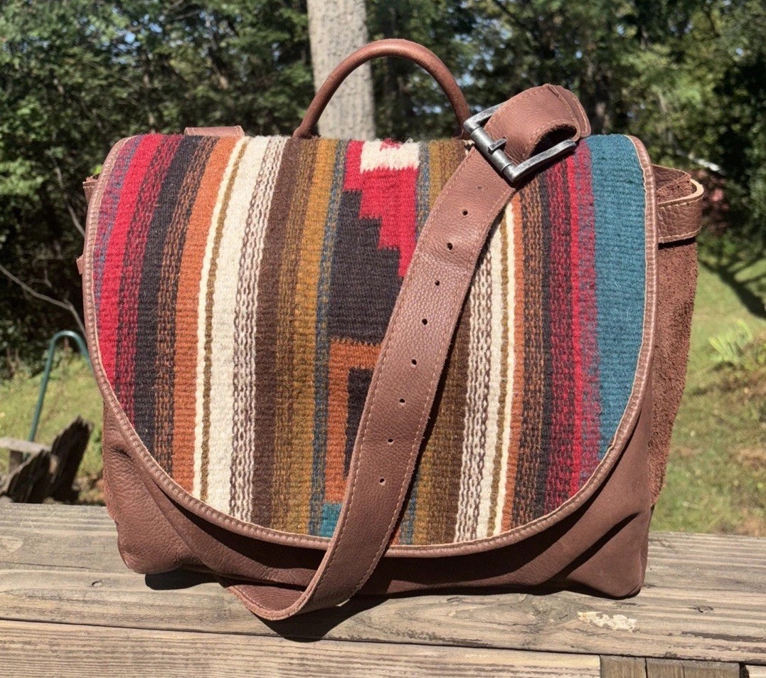 Will Leather Goods Oaxacan Hand Woven Wool Leather Messenger Postal Bag 15x12x8