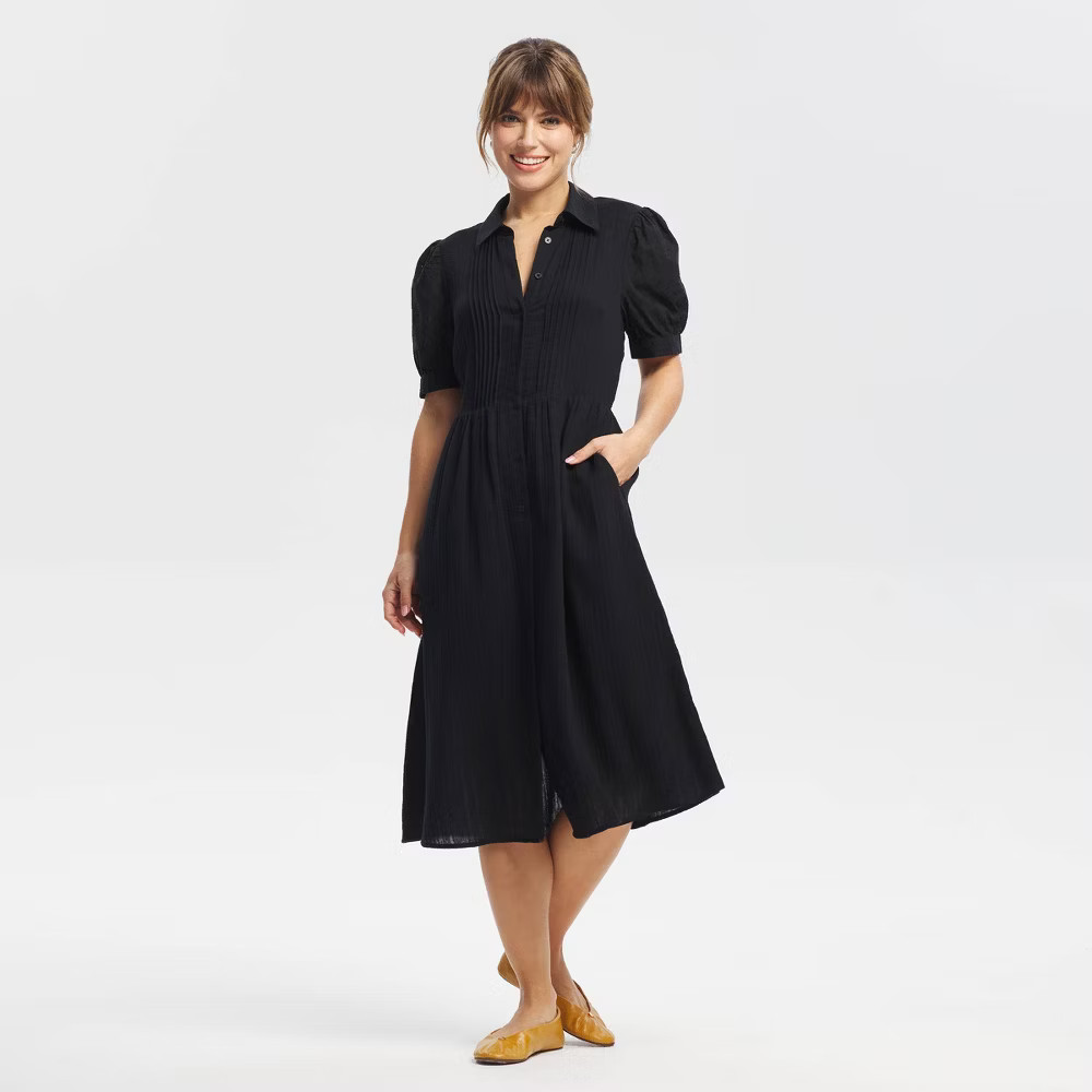 Women Puff Short Sleeve Eyelet Midi Shirtdress – Universal Thread Black XL