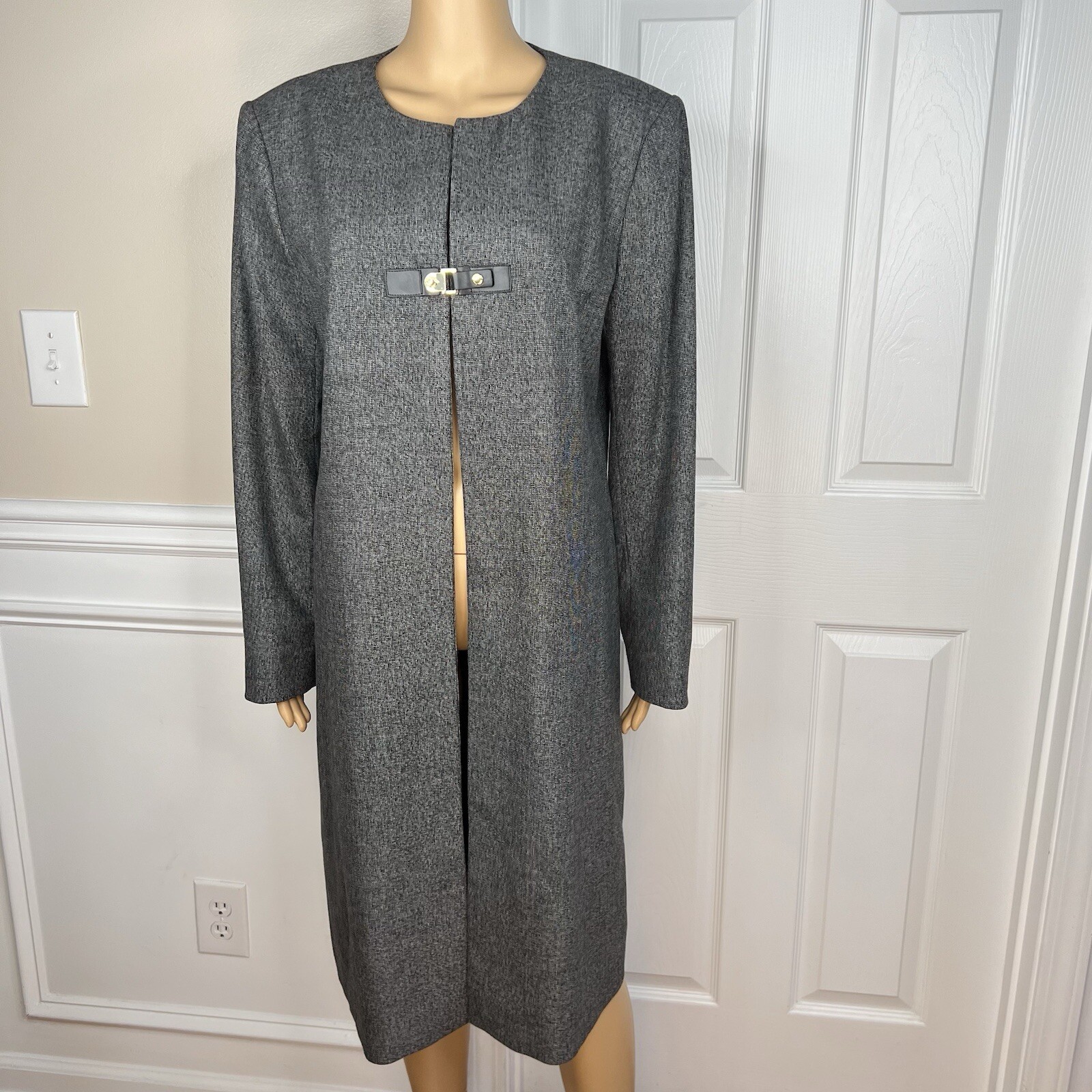 Calvin Klein Polyester Rayon Spandex Blazer Size 10 Gray Collarless Mid Length
