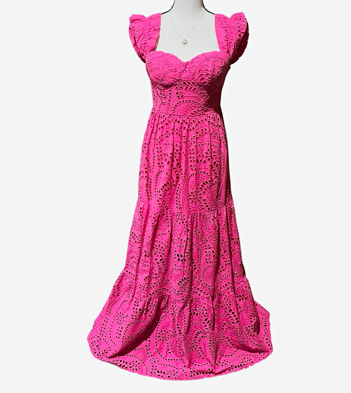 Seni & Cade Women’s XS Pink Eyelet Cotton Maxi Dress Sweetheart Neck Tiered NWT