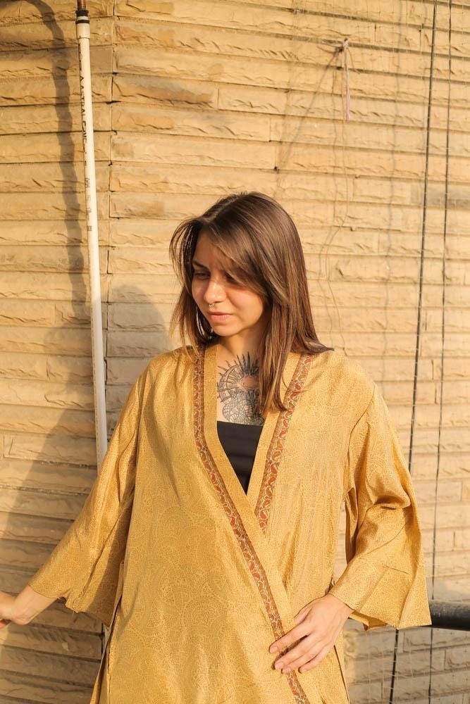 Pure Silk Midi Kimono Knee Length Gown Silk Robe PS MKMO2016