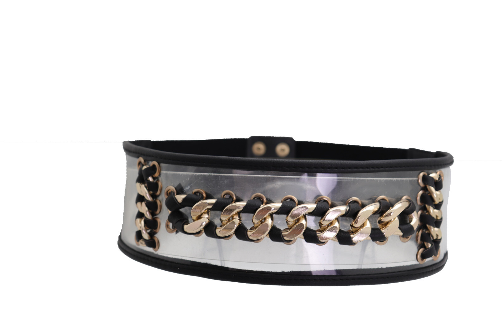 Women Black Elastic Wide Waistband Miami Beach Sexy Belt Gold Metal Chain XS S