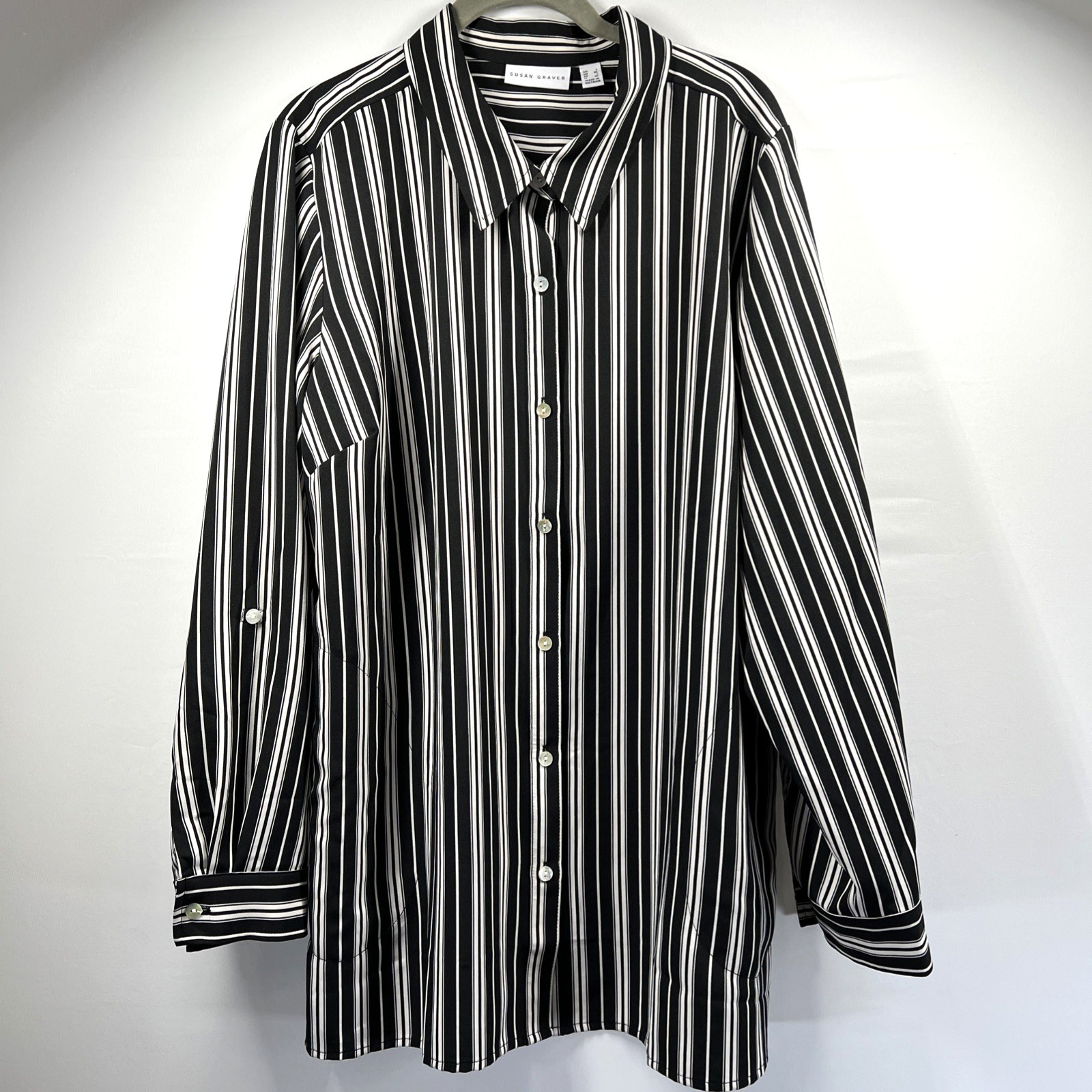 Susan Graver Blouse Tunic Size Large Black White Stripe Button Up Long Sleeves