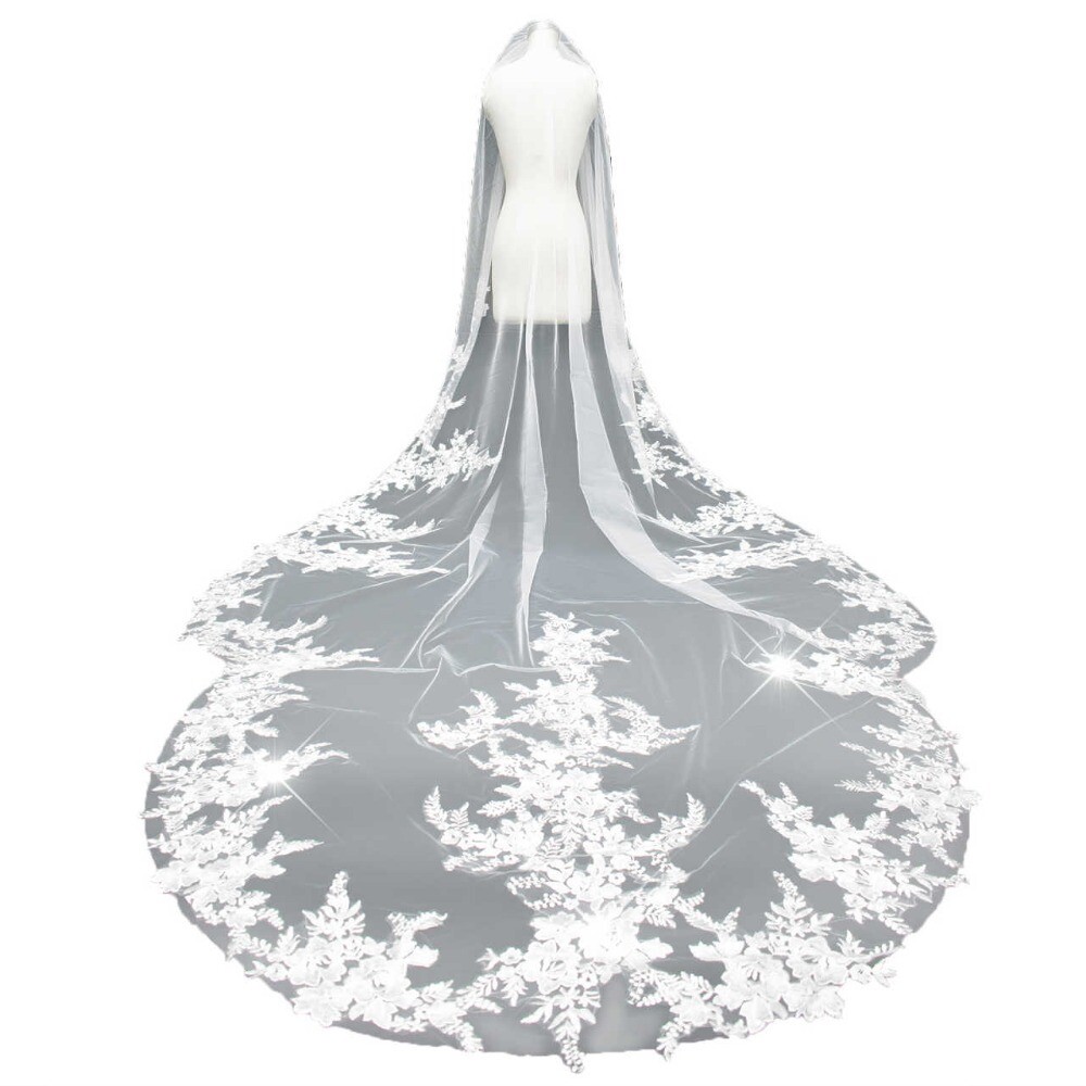 Bridal Wedding Veil Flower Applique Edge Lace Cathedral Length With Comb