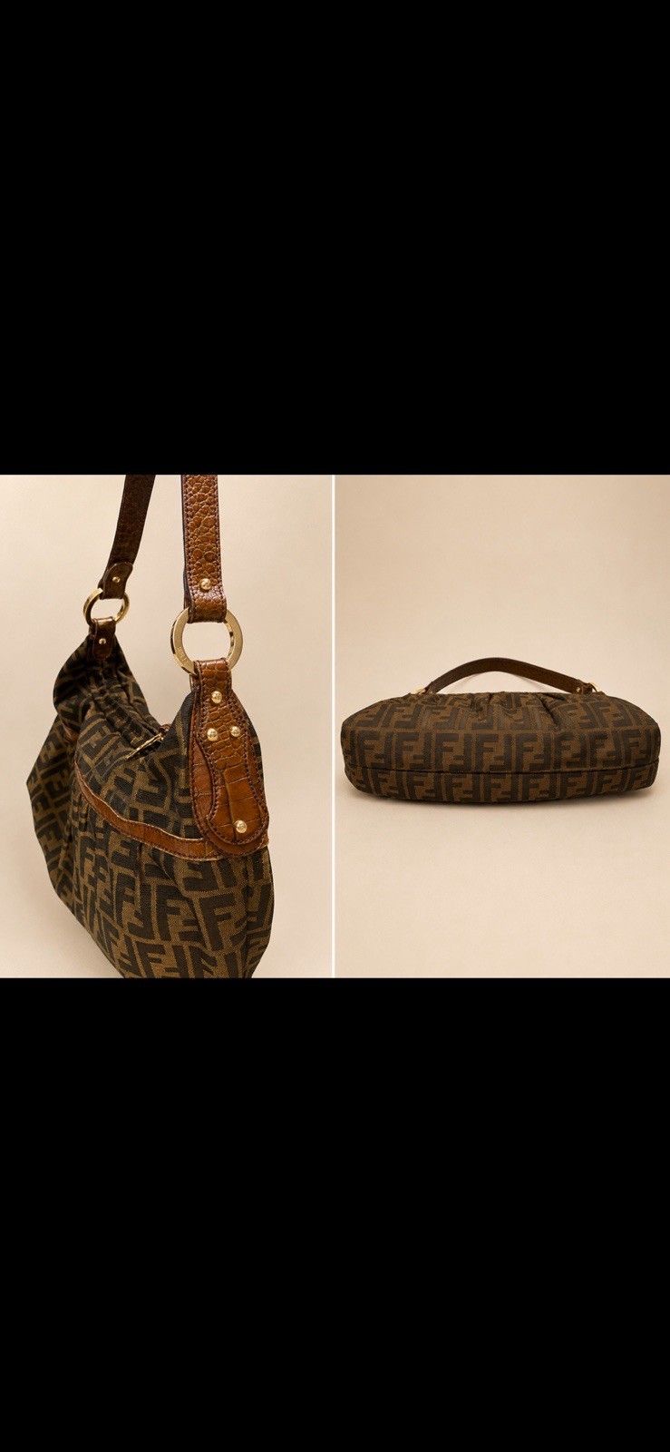 Fendi Zucca FF Monogram Brown Shoulder Bag Zip Gold Hardware Bag Charm Medium