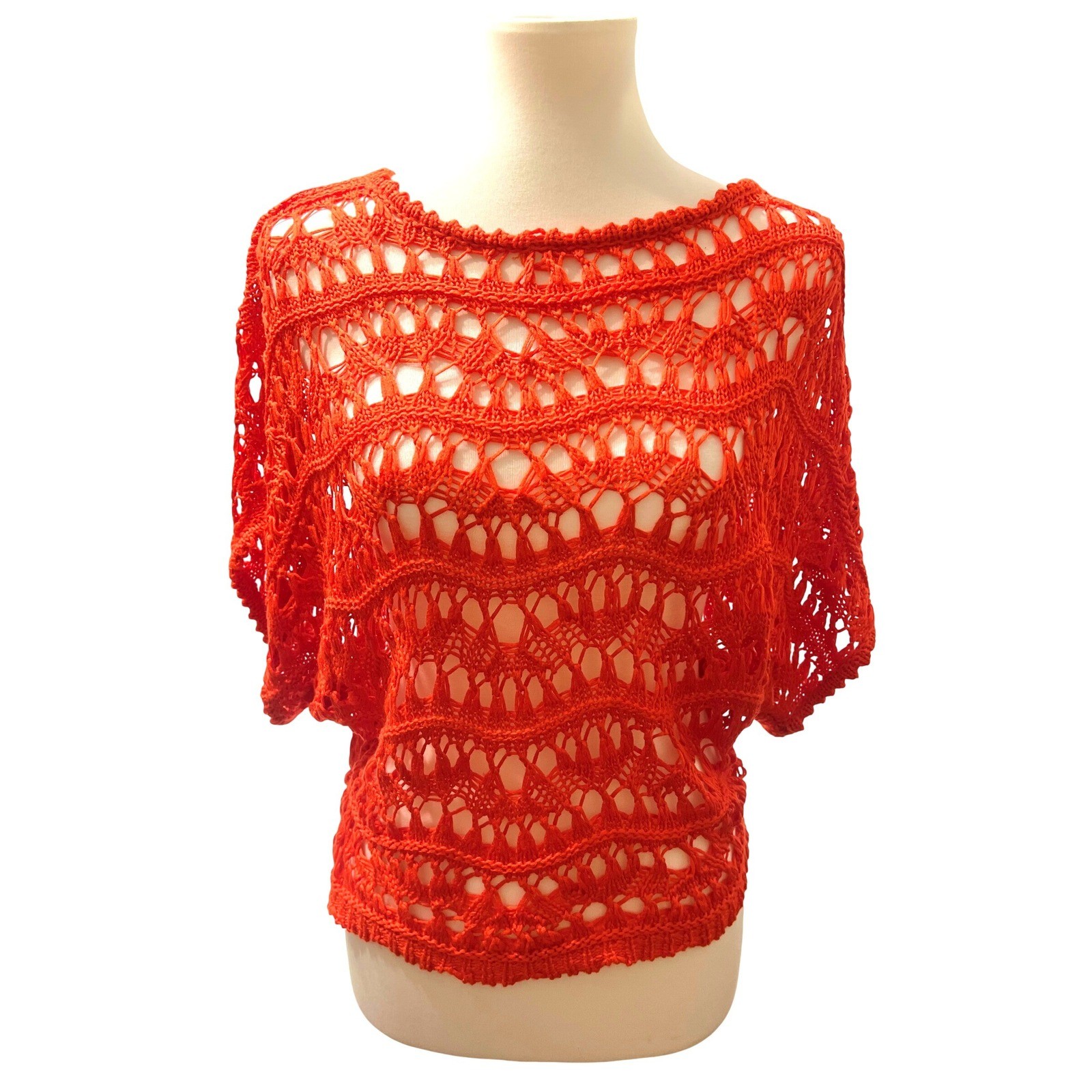 Cato Womens Fire Orange Crochet Open Weave Airy Dolman Sleeve Resort Top Small