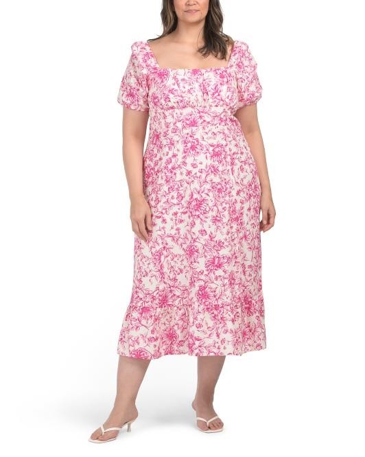 Linen Blend Midi Dress Pink Floral Puff Sleeve Cottagecore Spring Summer 14W NWT