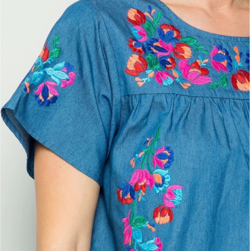 Blue Chambray Floral Embroidered Babydoll Blouse Artsy Boho Folkcore Grandmacore