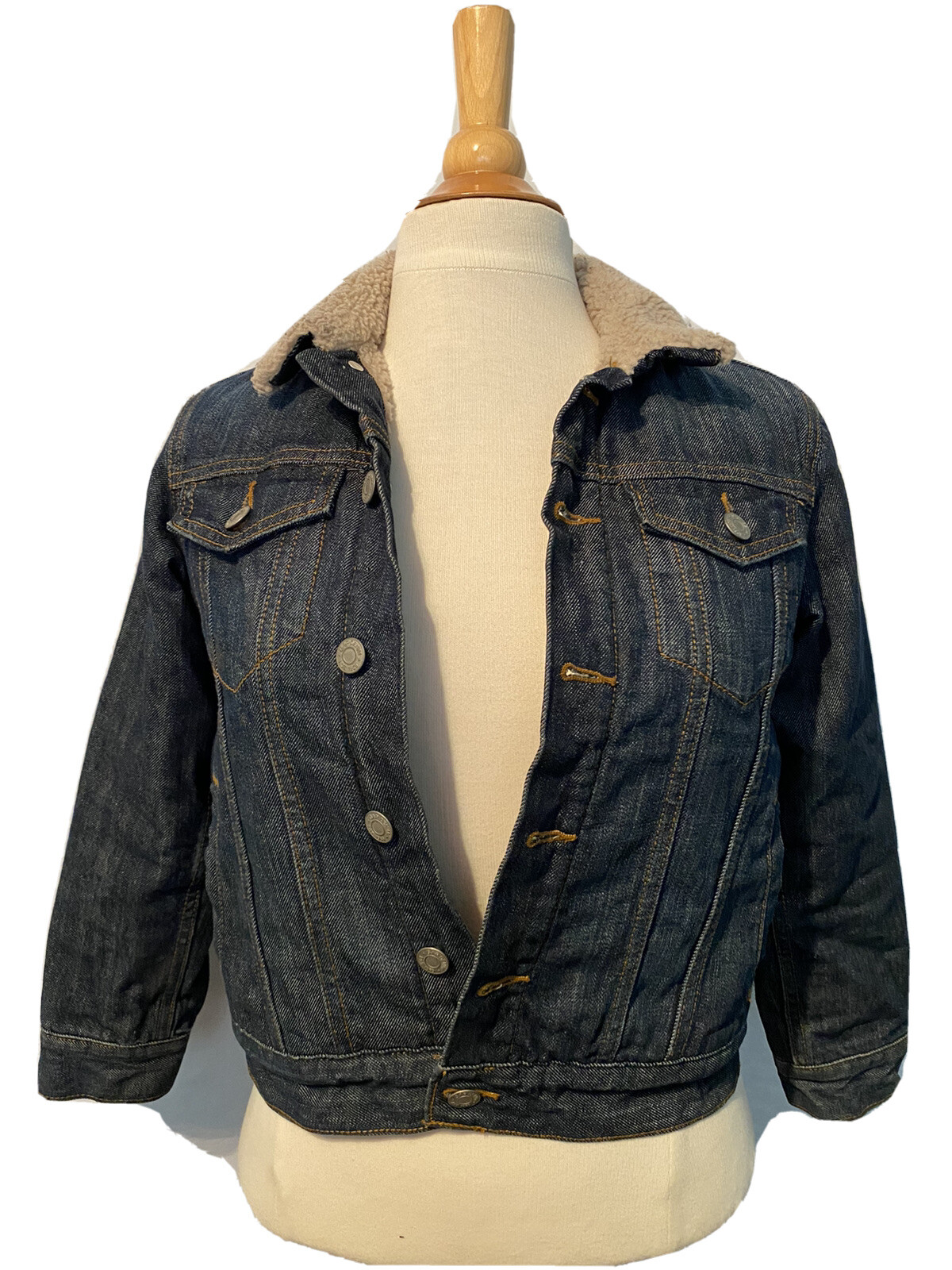 GAP Blue Denim Jean Trucker Jacket Faux Fur Sherpa Lining Kids Size M