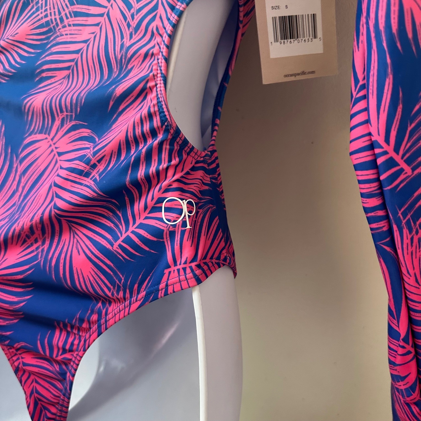 Ocean Pacific Womens Small Long Sleeve One Piece Swimsuit Palm Print Cutout Blue